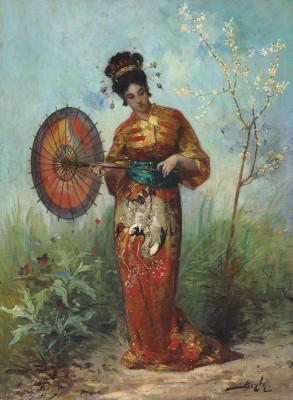 A japanese woman with a parasol in an outdoor scene - artwork in frame preview