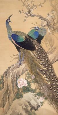A pair of peacocks in spring outdoors - artwork in frame preview