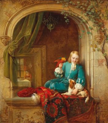 Boy at a window with dog and parrot - artwork in frame preview