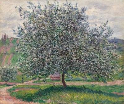 Outdoor scene inspired by claude monet in blue and green