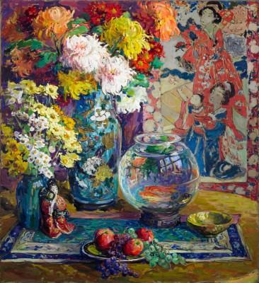 Flowers and goldfish in a sunlit garden - artwork in frame preview