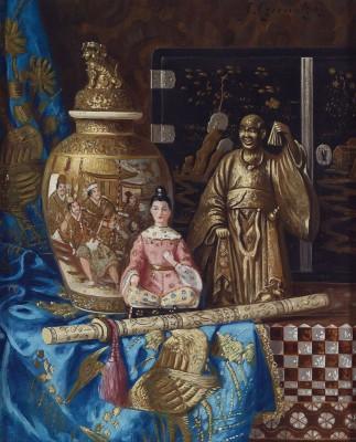 Still life with asian vase and sculptures