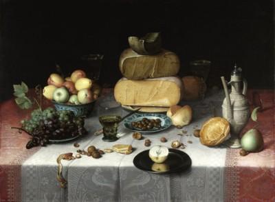 Still life with cheeses in an outdoor setting - artwork in frame preview