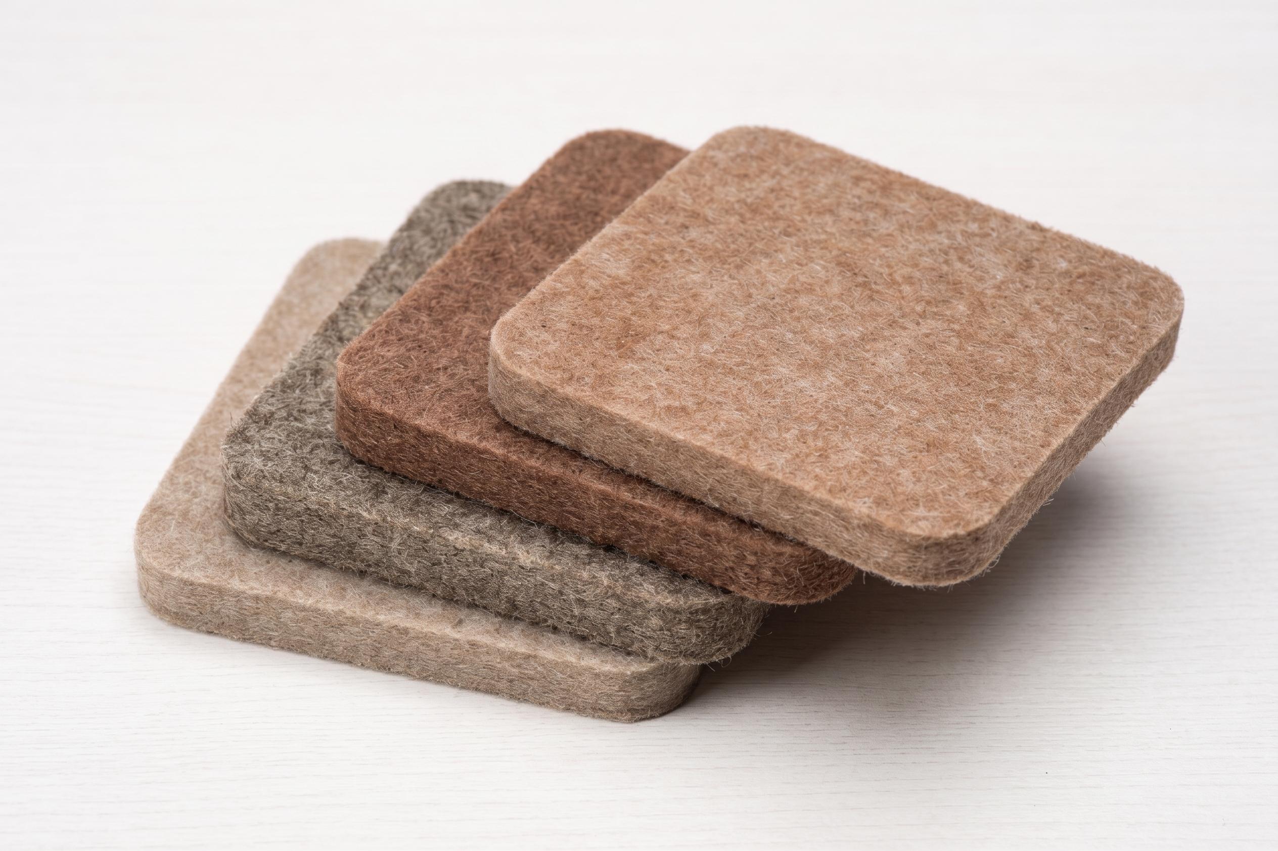 Four square FeltArt material samples in neutral colours, stacked on top of each other