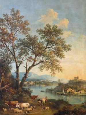 A river landscape and a village beyond - artwork in frame preview