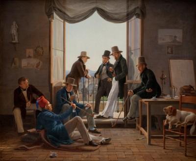 Outdoor scene with a group of artists in rome - artwork in frame preview