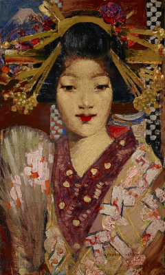 Geisha girl in a serene outdoor scene - artwork in frame preview