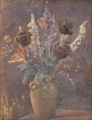 Lervase med tulipaner og andre blomster outdoor scene - artwork in frame preview