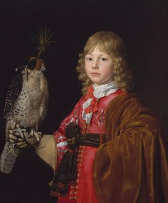 Portrait of a boy with a falcon outdoors - artwork in frame preview