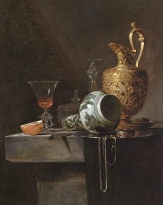 Still life with porcelain vase and gilded pitcher