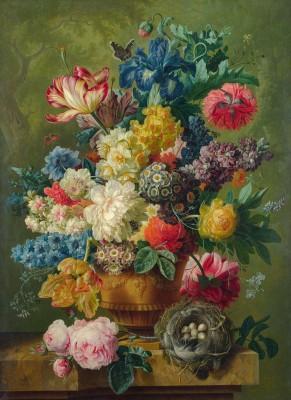 Vase of flowers in serene outdoor setting