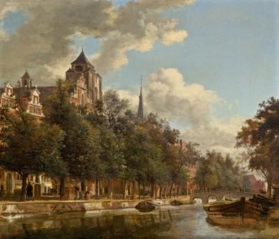View down a dutch canal with lush greenery - artwork in frame preview
