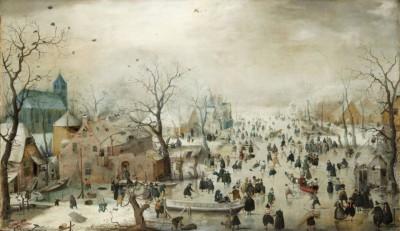 Winter landscape with ice skating scene - artwork in frame preview
