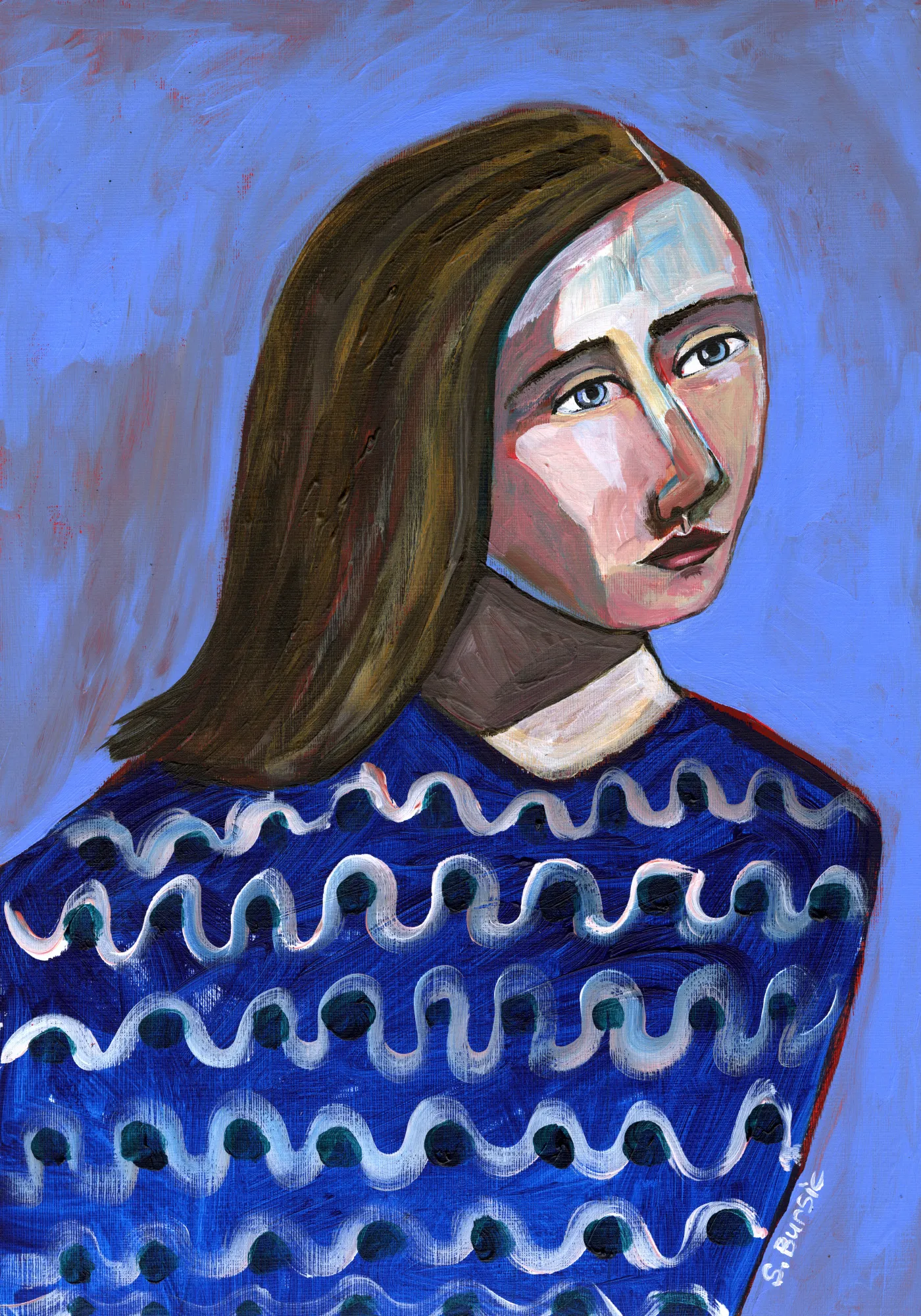 Woman in blue sweater naive portrait figurative