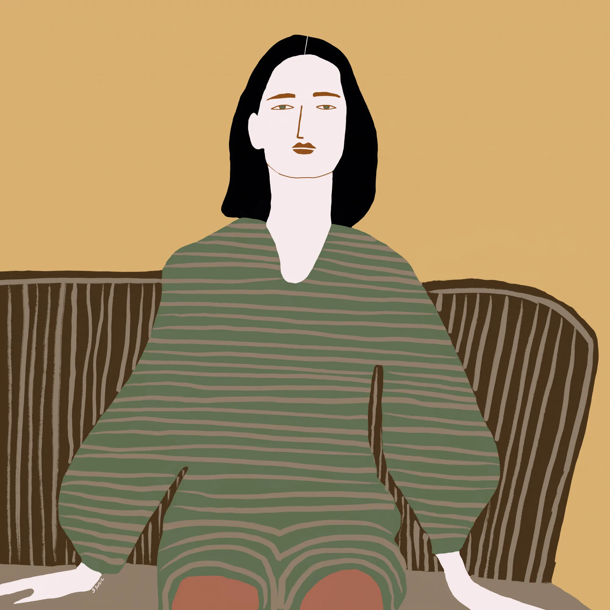 Seated woman in green and brown tones