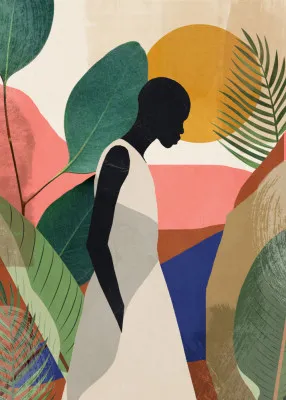 Serene silhouette with tropical leaves and sunset hues