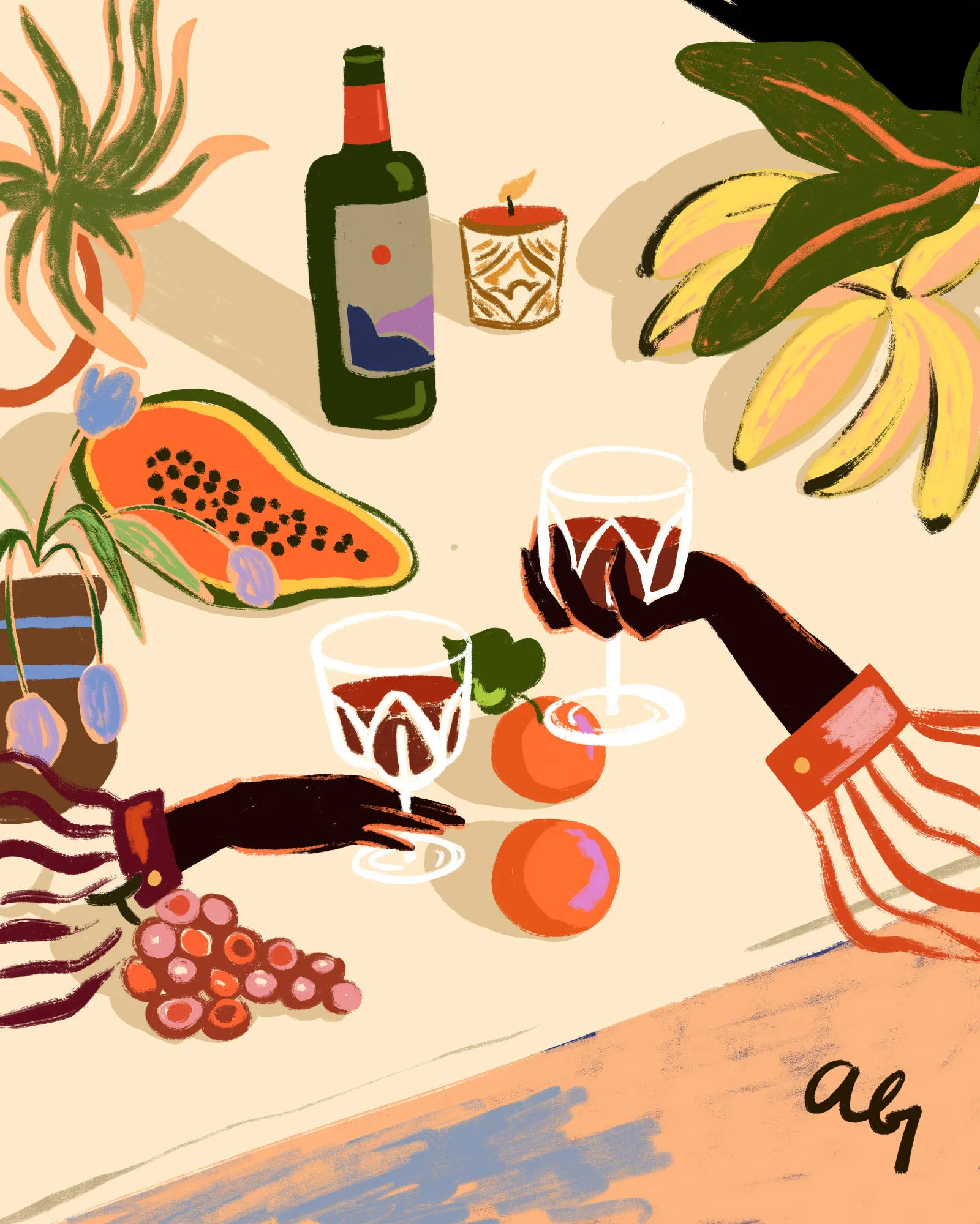 Cheers to you with tropical plants and candlelight