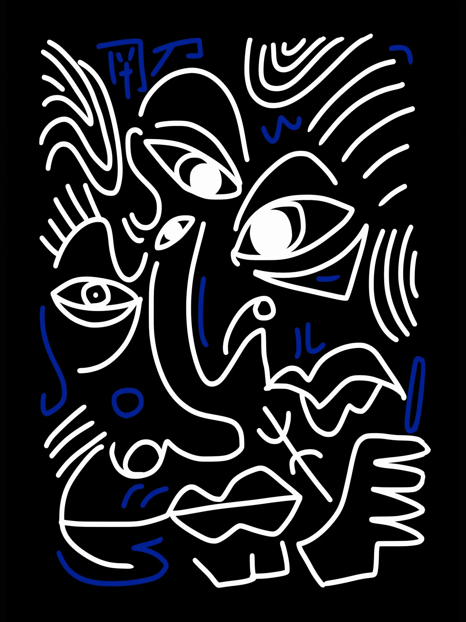 White and blue lines on a black background