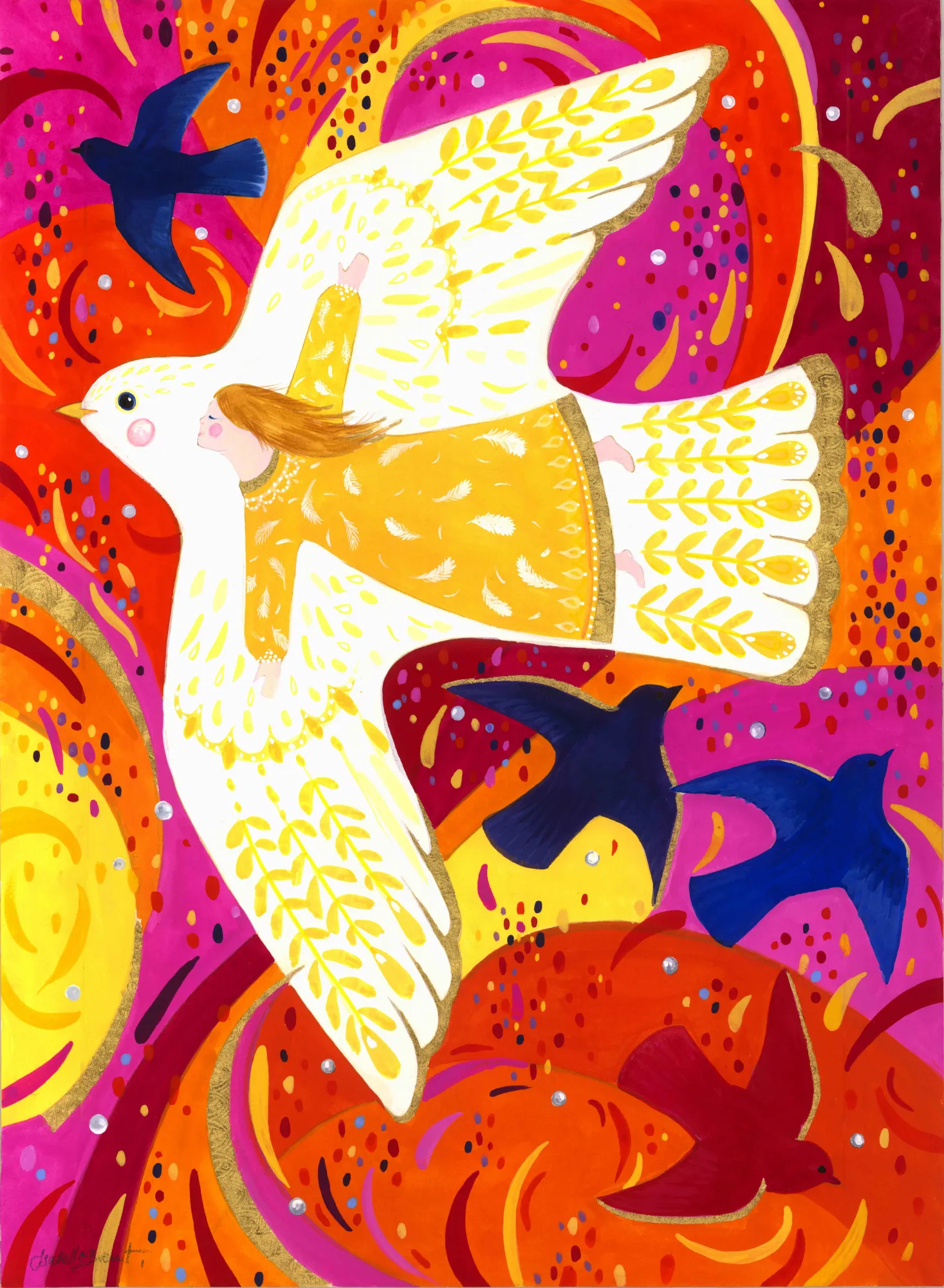 Angel child and birds vibrant illustration