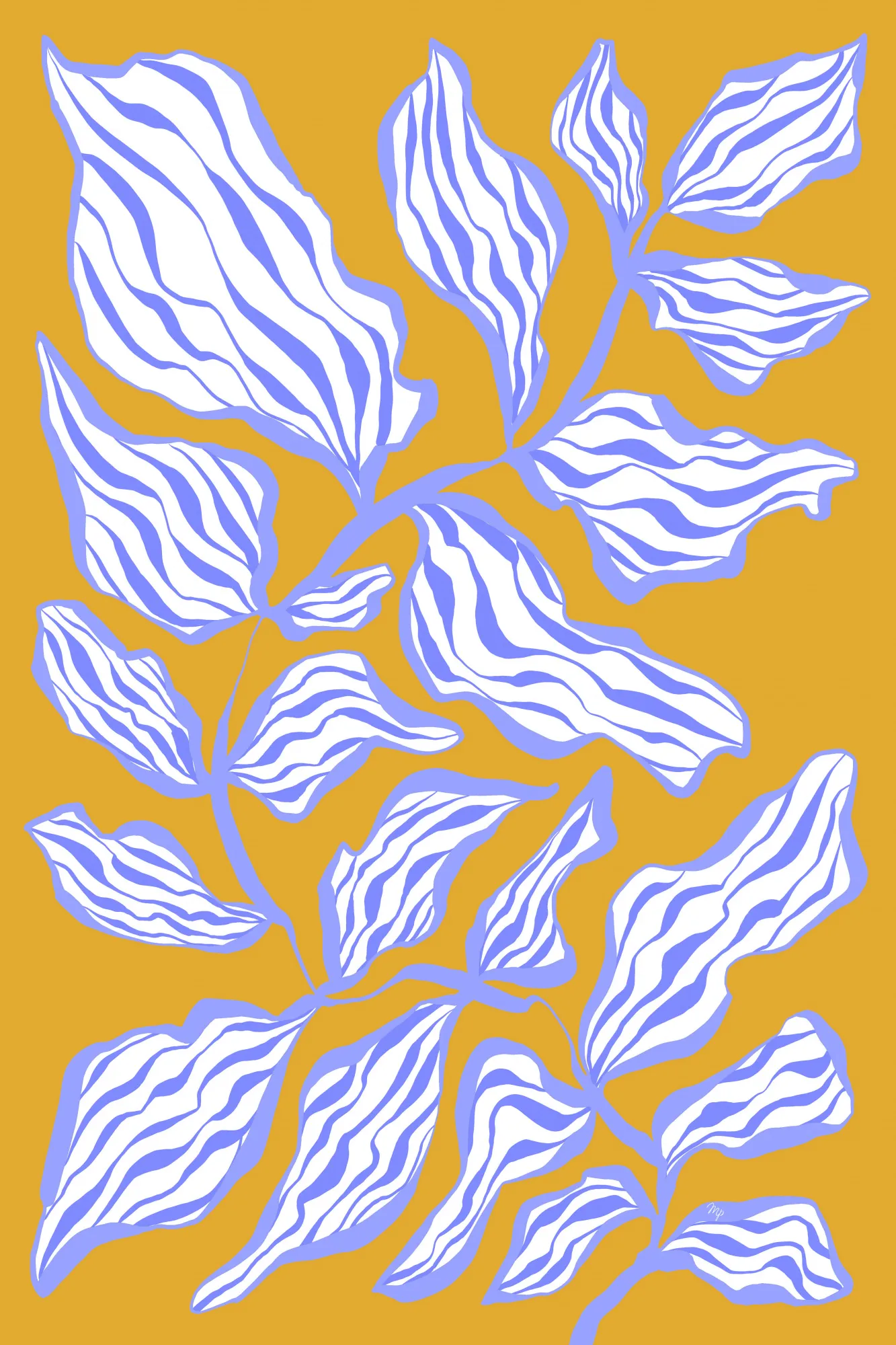 Morning glory abstract leaf design in blue and yellow