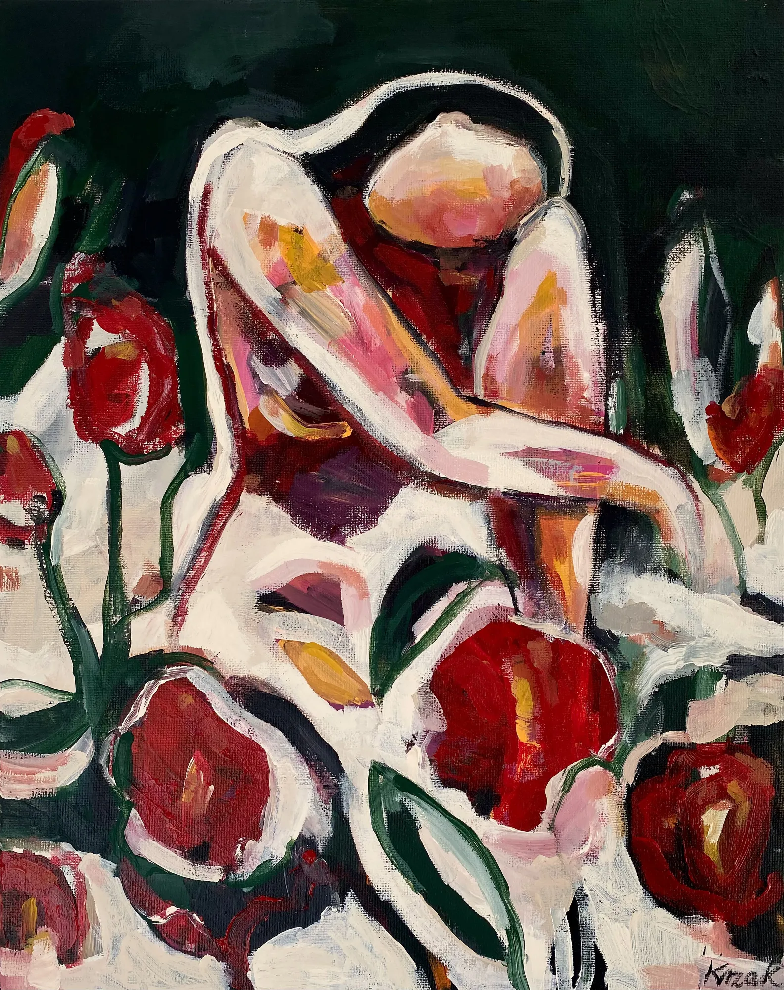Woman in bloom with red flowers