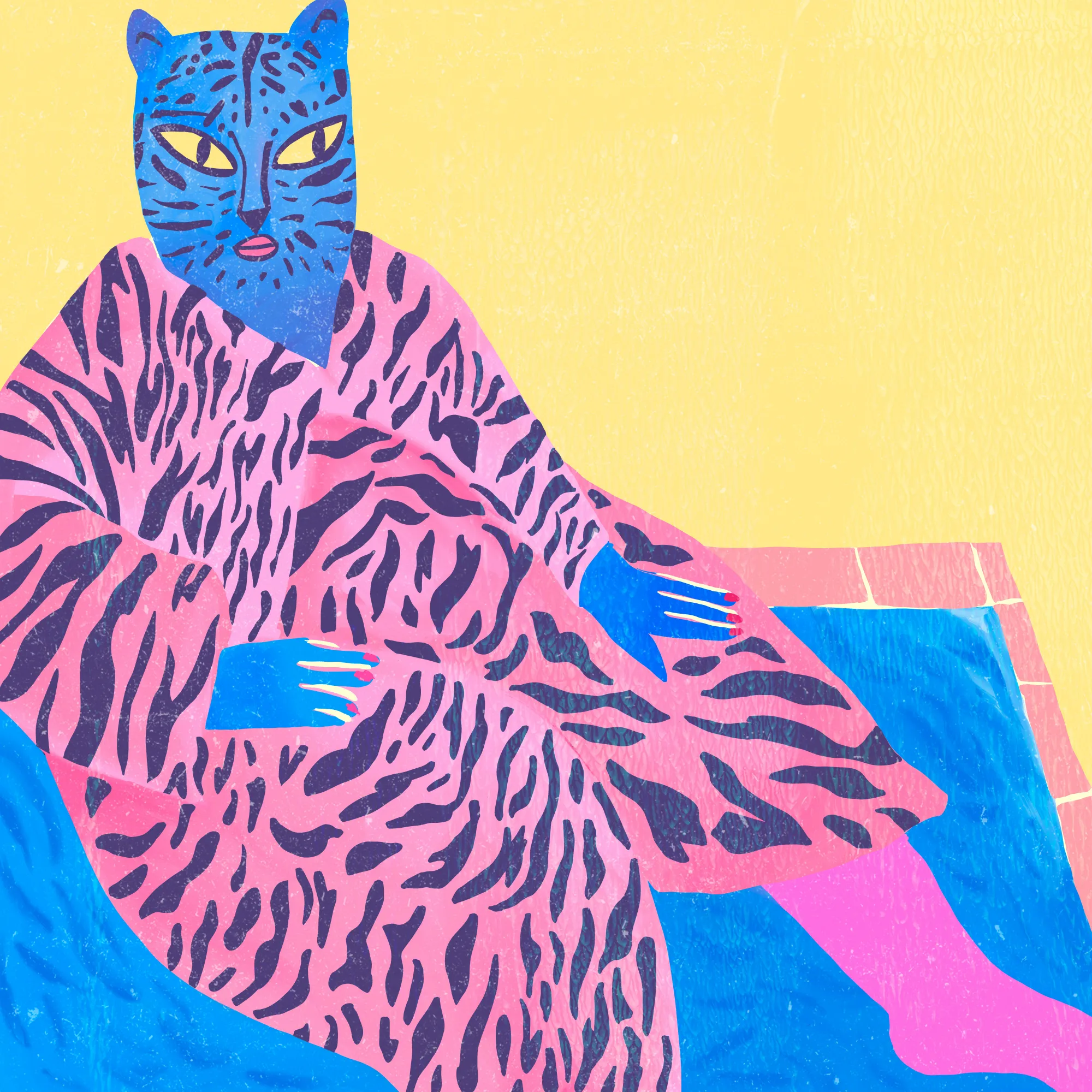 Cat woman in colorful patterned robe