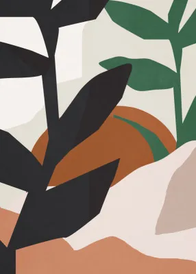 Abstract art tropical leaves in bold greens and orange