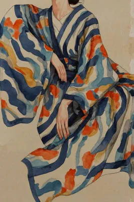 Flowing kimono patterns in blue and orange