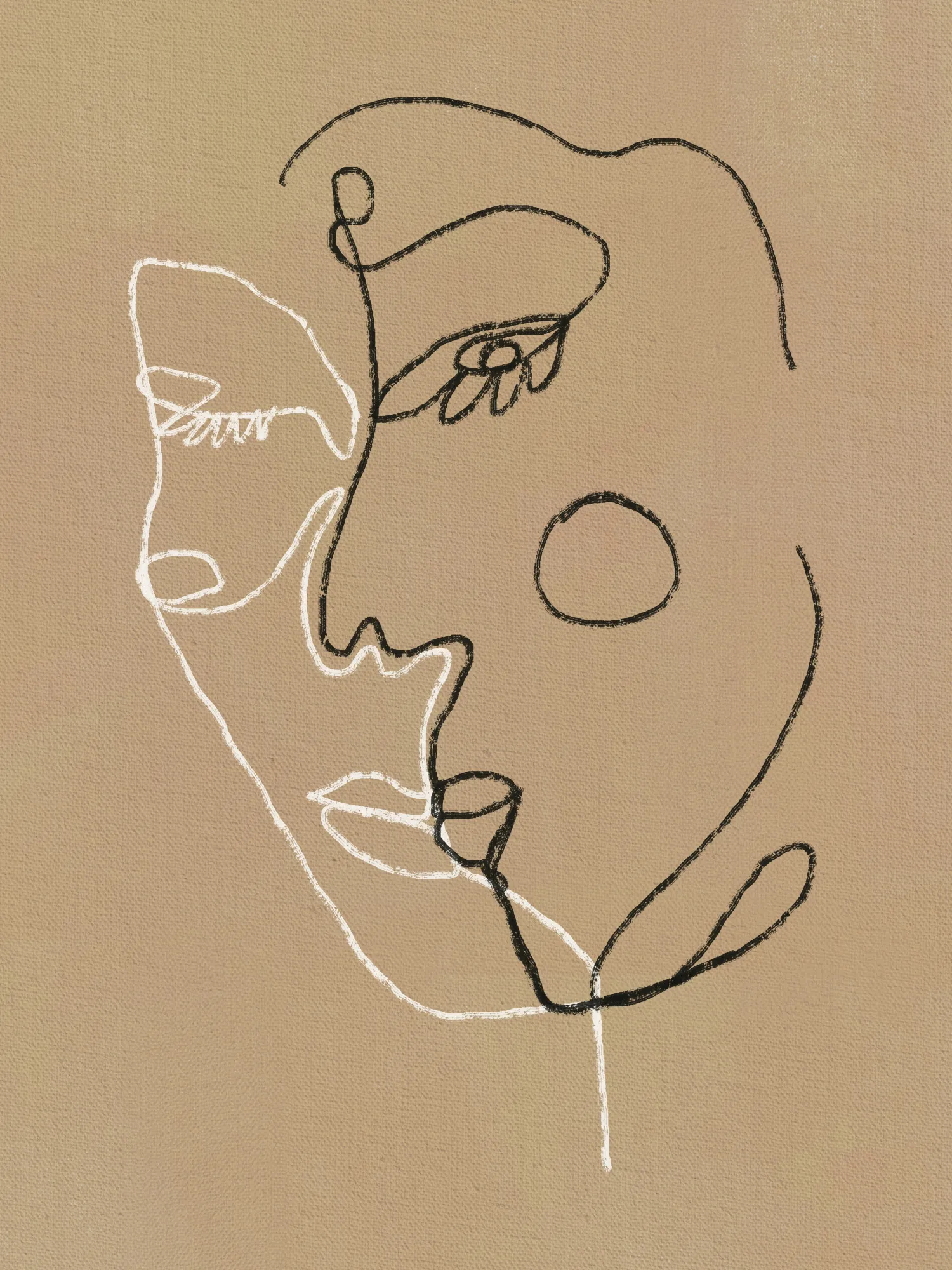 Abstract faces against a beige backdrop