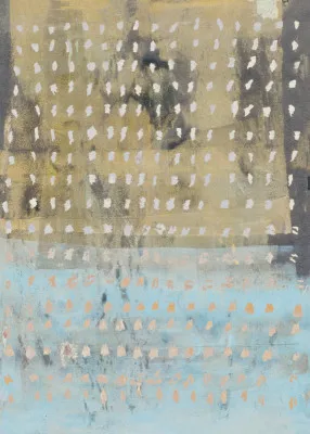 Contemporary abstract in yellow, taupe, and light blue