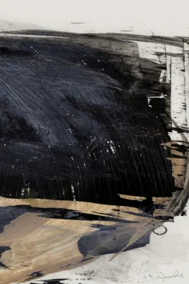 Abstract outdoor scene in black, gold, and beige tones