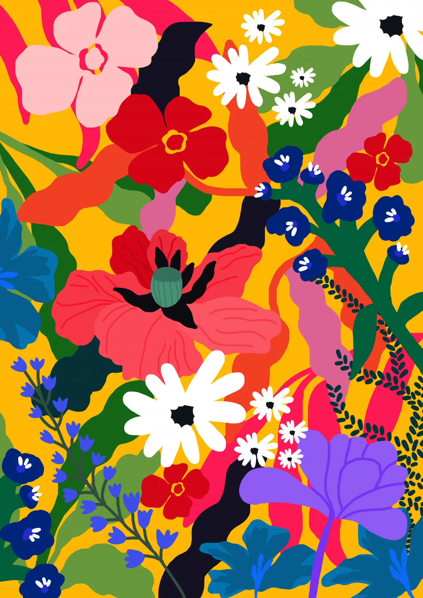 Vertical floral illustration with outdoor scene by Rafaela Mascaro