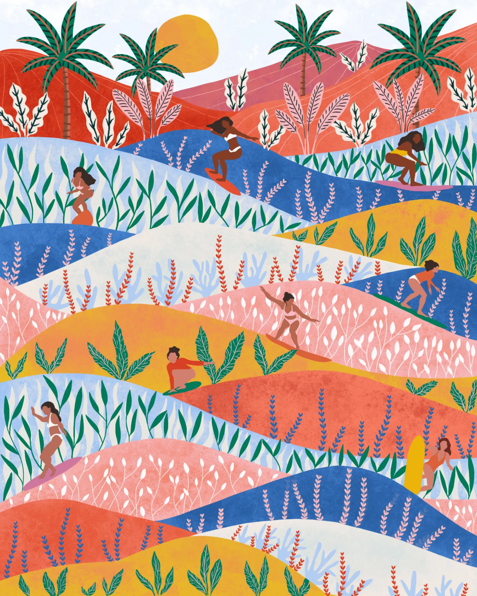 Surfers in vibrant orange tones